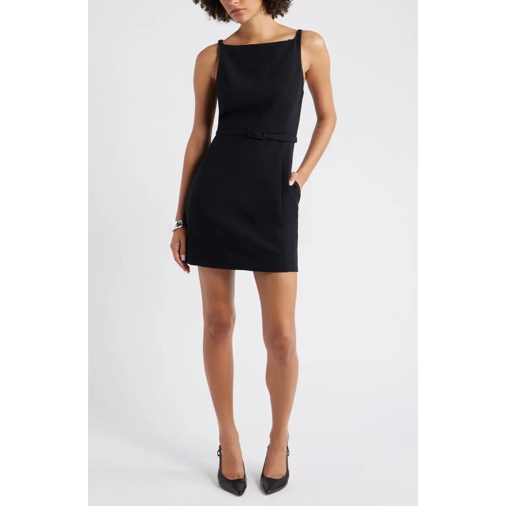 Open Edit Black Belted Boat Neck‎ Mini Dress Sleeveless Sheath Pockets Large